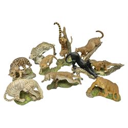 Ten Franklin Mint National wildlife Foundation Big Cats of the World figures to include, White Bengal Tiger, Jaguar, Cougar, Cheetah, Clouded Leopard etc, with display stand