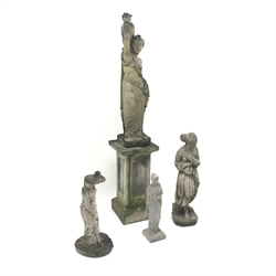  Composite stone female water carrier on plinth and two stone figures and one other (4)  