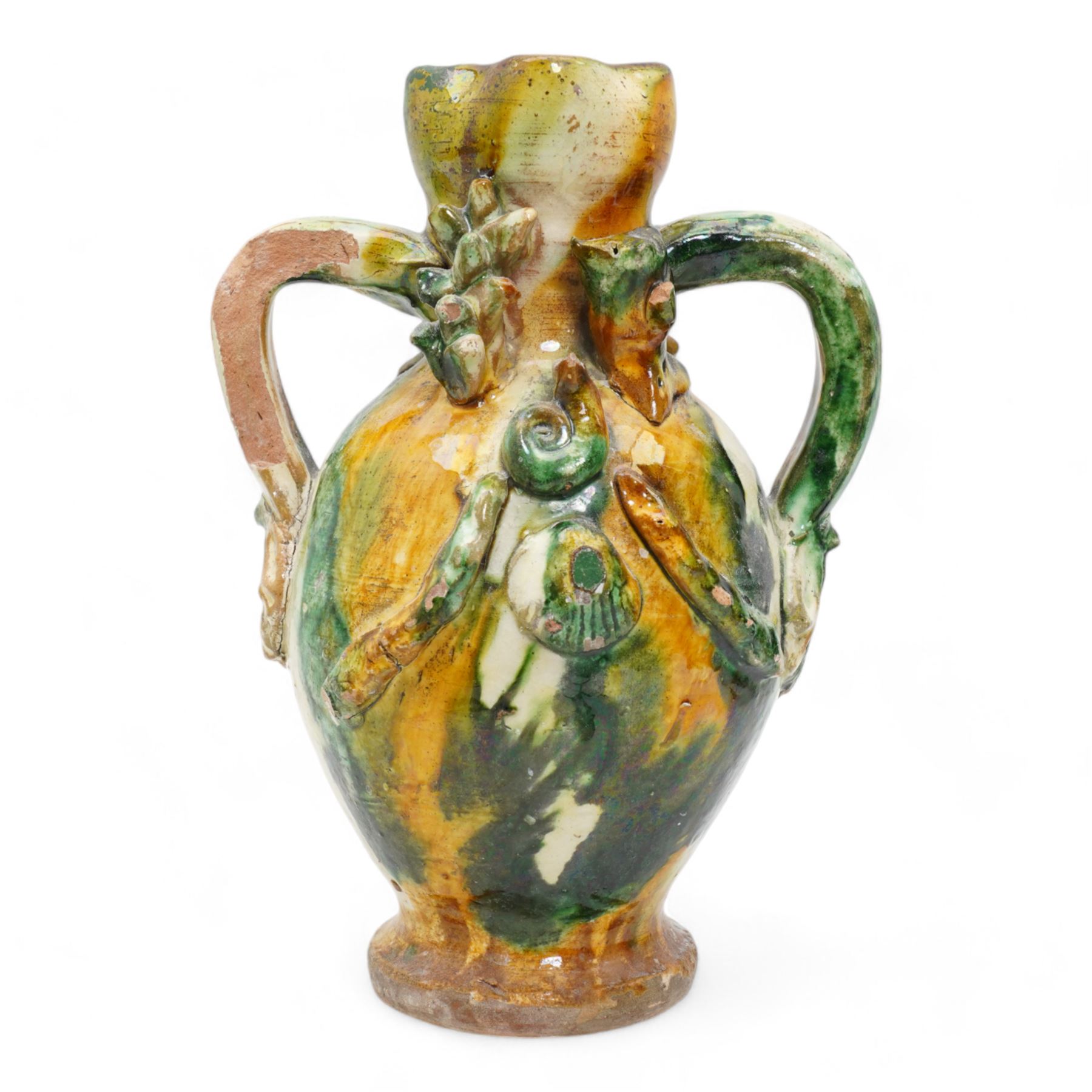 Two early 20th century Italian glazed terracotta wine flasks, one of twin handled form, applied with shells and insects, the other formed as a male figure, H24cm (2)