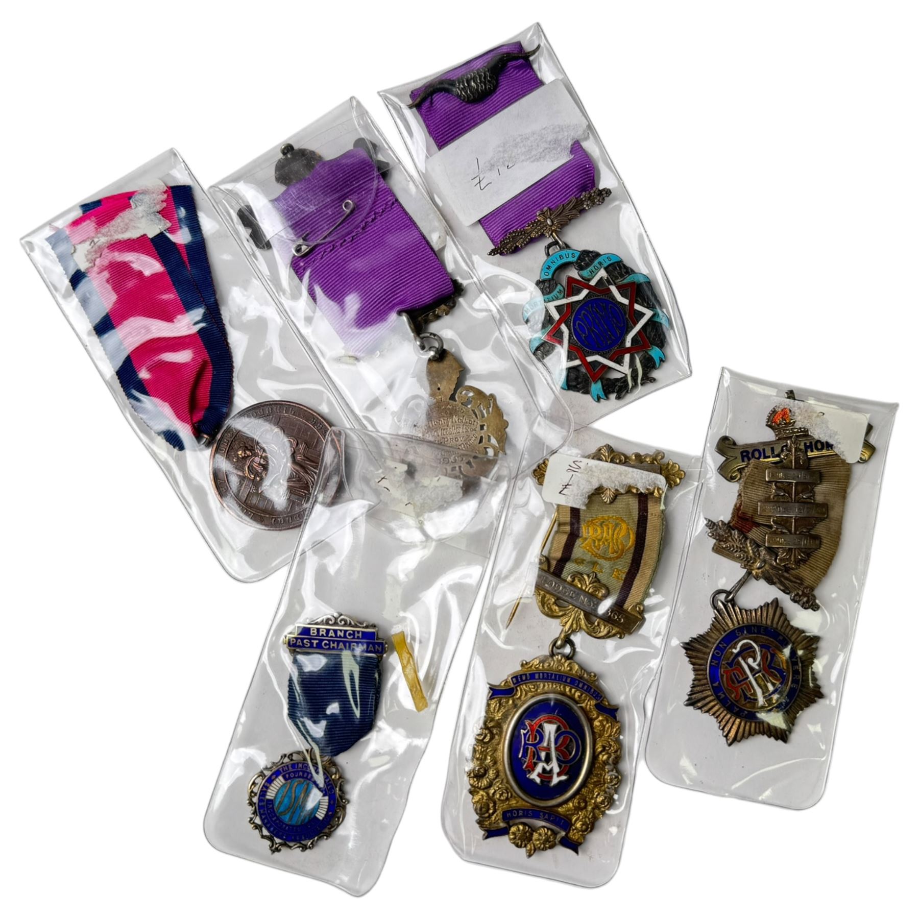 Five Masonic silver jewels, hallmarked, together with two hull education committee medals and a National Service Medal  