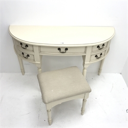 Laura Ashley cream finish demi-lune dressing table, one long and four short drawers, turned tapering supports (W125cm, H78cm, D38cm) with stool (2)