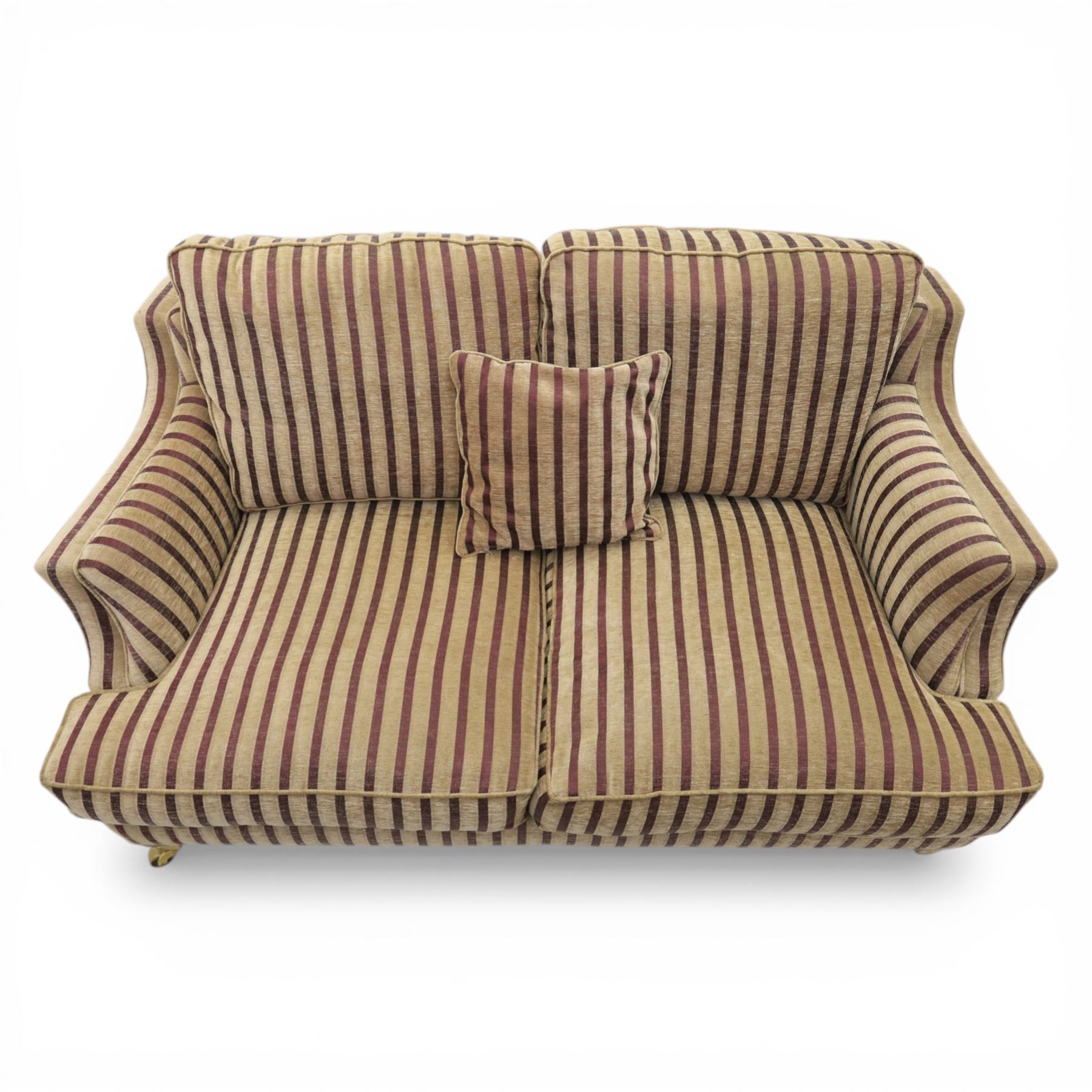 Late 20th century fabric upholstered sofa, with loose back and seat cushions, broad padded arms with piped borders, upholstered in striped textile, raised on concealed feet