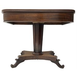William IV mahogany tea table, rectangular fold-over top over banded frieze, tapering pedestal base with moulded vertical rails, on quadruform base with C-scroll feet