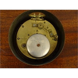 Edwardian French brass cased desk clock with circular Roman dial and visible escapement, twin train Japy Freres movement striking the hours on a bell, D11cm  