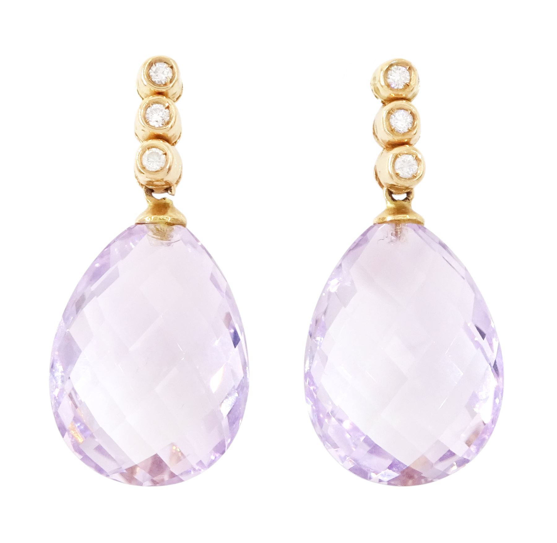 Pair of 18ct rose gold morganite and diamond earrings, each white gold stud set with a single pear briolette cut morganite, suspending from three round brilliant cut diamonds