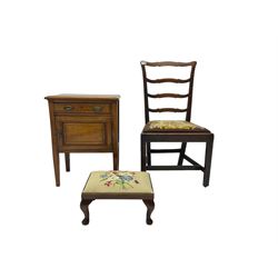 19th century country oak Chippendale design ladder back chair together with a footstool with matching needwork upholstery and an Edwardian walnut pot cupboard (3)