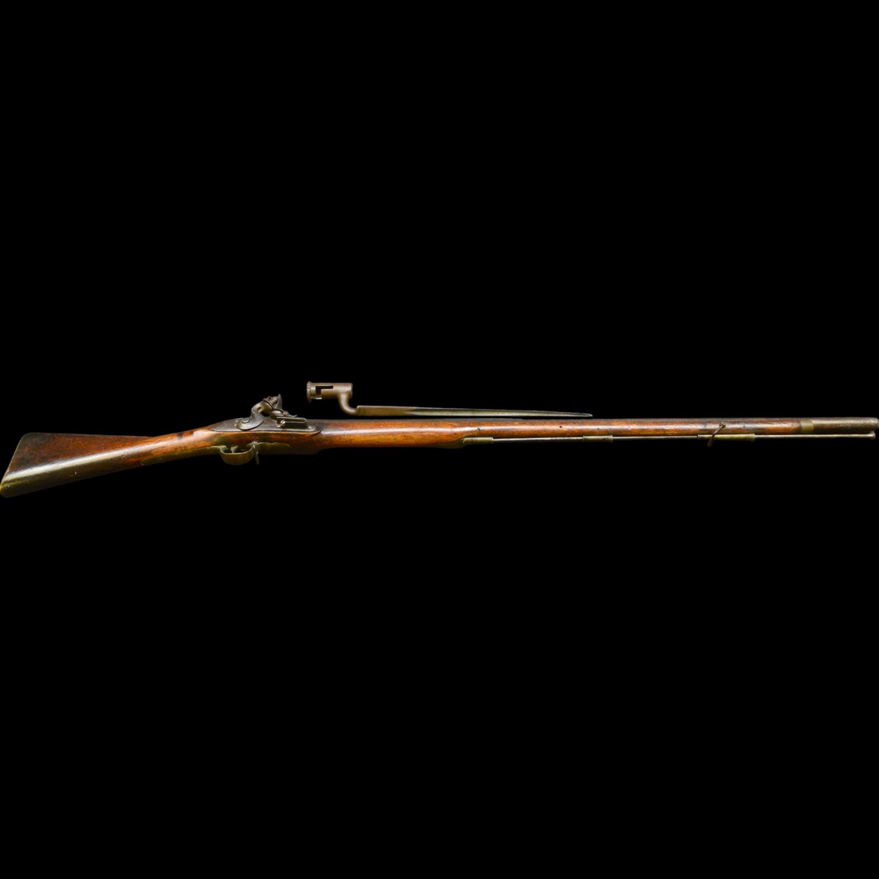 19th century 1793 Brown Bess flintlock musket, the 100cm barrel with ram rod under, full walnut stock with brass butt, carrying sling brackets, action marked Parsons and period triangular socket bayonet, L139cm
