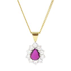 18ct gold pear cut ruby and round brilliant cut diamond pendant necklace, hallmarked, ruby approx 0.45 carat, total diamond weight approx 1.00 carat