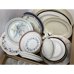 Set of four contemporary Mosa Holland tiles, three further tiles, Grayshott pottery clock, motto ware teacup and saucer, jug and mug, Royal Albert Old Country Roses, Chinese mud men figures, Spode etc and Quantity of ceramics and glassware to include art glass vase, Royal Grafton, Royal Doulton and Colclough dinner wares, Poole, copper lustre, vases etc in six boxes