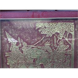 Red and gold textured picture of an Indian procession with elephants 49cm x 47cm