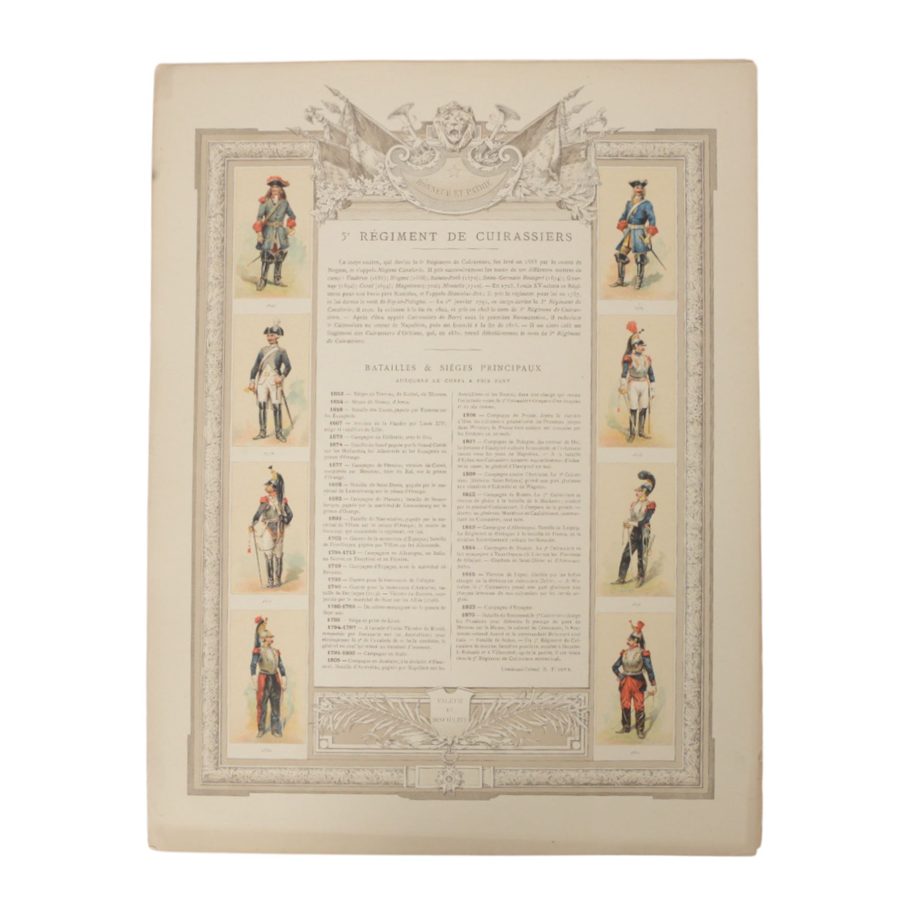 Five coloured French prints of the 4th, 5th, 6th & 13th Cuirassiers through history and the history of the 2nd Regt.de Dragons, H49cm