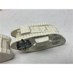 Twelve crested china models of WW1 tanks by Grafton, Arcadian and Carlton china etc with crests from Caistor Lincs, Saffron Walden, Paignton, Evesham etc  , together with a crested china model of the R.M.S Lusitania with New Brighton crest and a two-handled vase for 'The Forts Boxhill' (14)