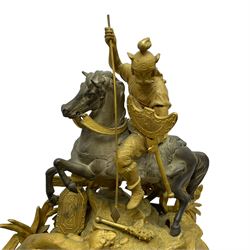French - late 19th century 8-day gilt spelter mantle clock retailed by J Vassalli of Scarborough c1890, sculptured with an oriental 16th century representation a Mughal warrior slaying a leopard, raised on a profusely  decorated base with scroll work and splayed feet, white enamel dial with Roman numerals, minute track and steel hands, Parisian twin train countwheel striking movement, striking the hours and half-hours on a bell. With pendulum & Key.  