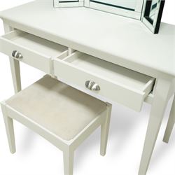 Barker & Stonehouse - Carrington console dressing table, with stool, and free-standing mirror, contemporary cream painted dressing table set, rectangular top above two drawers with brushed steel cup handles, on square tapering supports, with matching upholstered stool (H 43cm, W 50cm, D 38cm) and bevelled edge triple folding mirror (H 54cm, W 78cm)