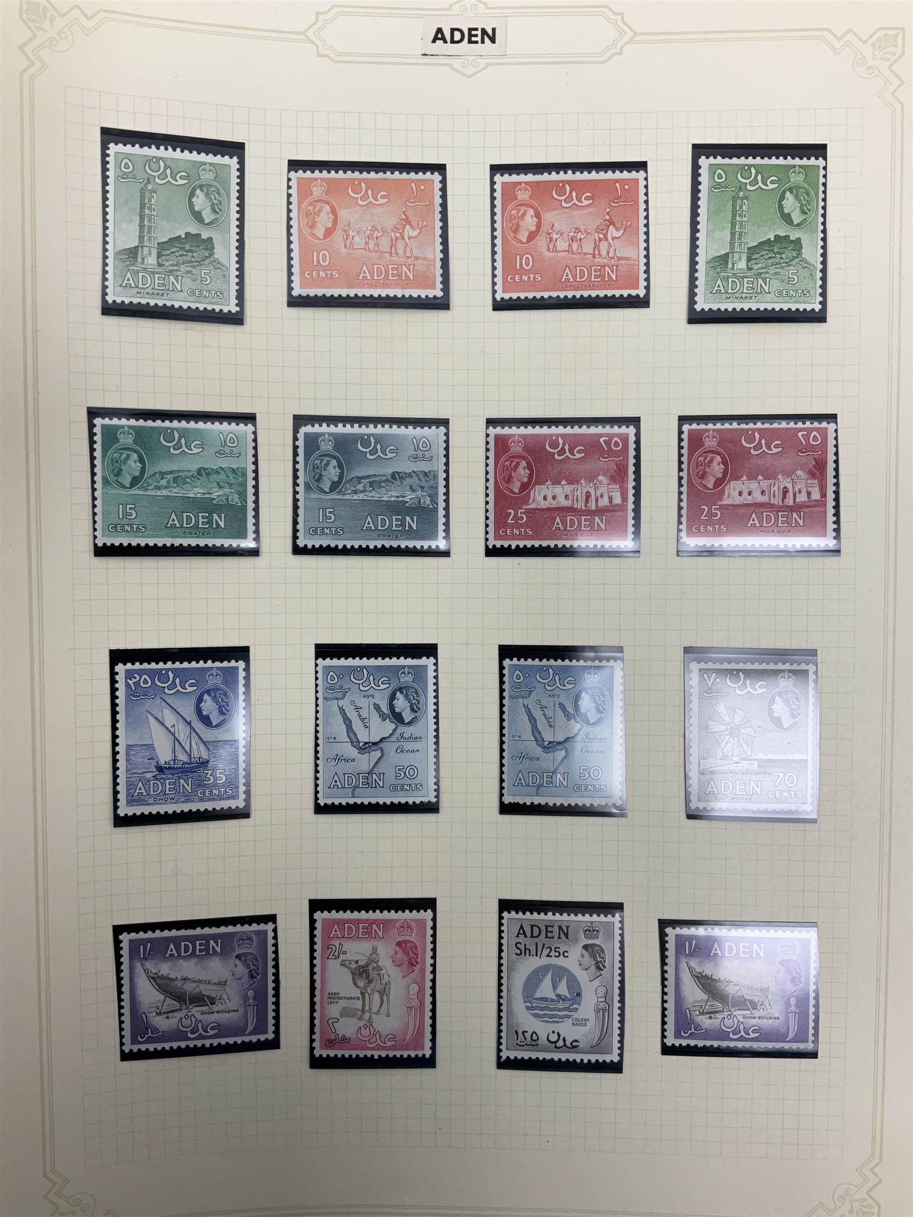 Aden King George VI and later stamps, including 1939-44 used values to five Rs etc and Ascension King George V and later stamps, including KGVI 1937 unused values to ten shillings etc, housed on pages
