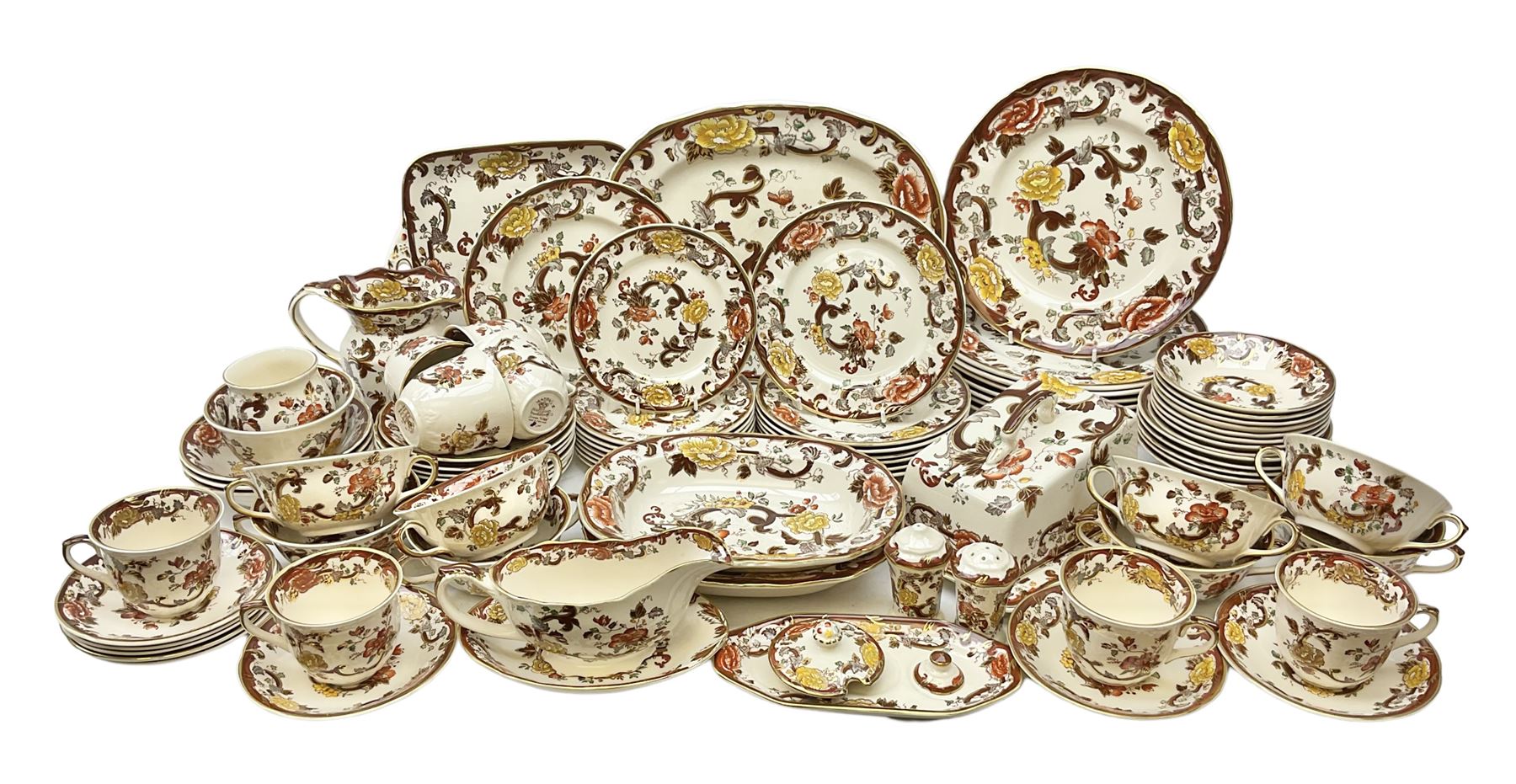 Masons Brown Velvet pattern tea and dinner wears, to include eight dinner plates, eight twin handled soup bowls and saucers, eight tea cups and saucers, cheese cover and plate, jug, meat platter etc (84)  