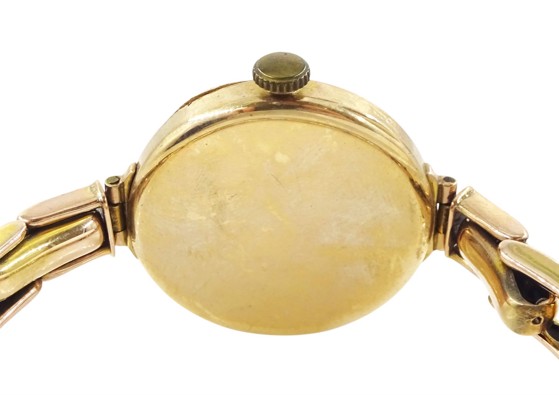 Omega early 20th century 9ct gold manual wind wristwatch, silvered dial with Arabic hour markers and subsidiary seconds dial, London import mark 1921, on expanding gold bracelet, stamped 9ct, boxed