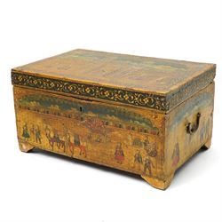 Indian box, painted with figures outside a palace gate, and with various animals 