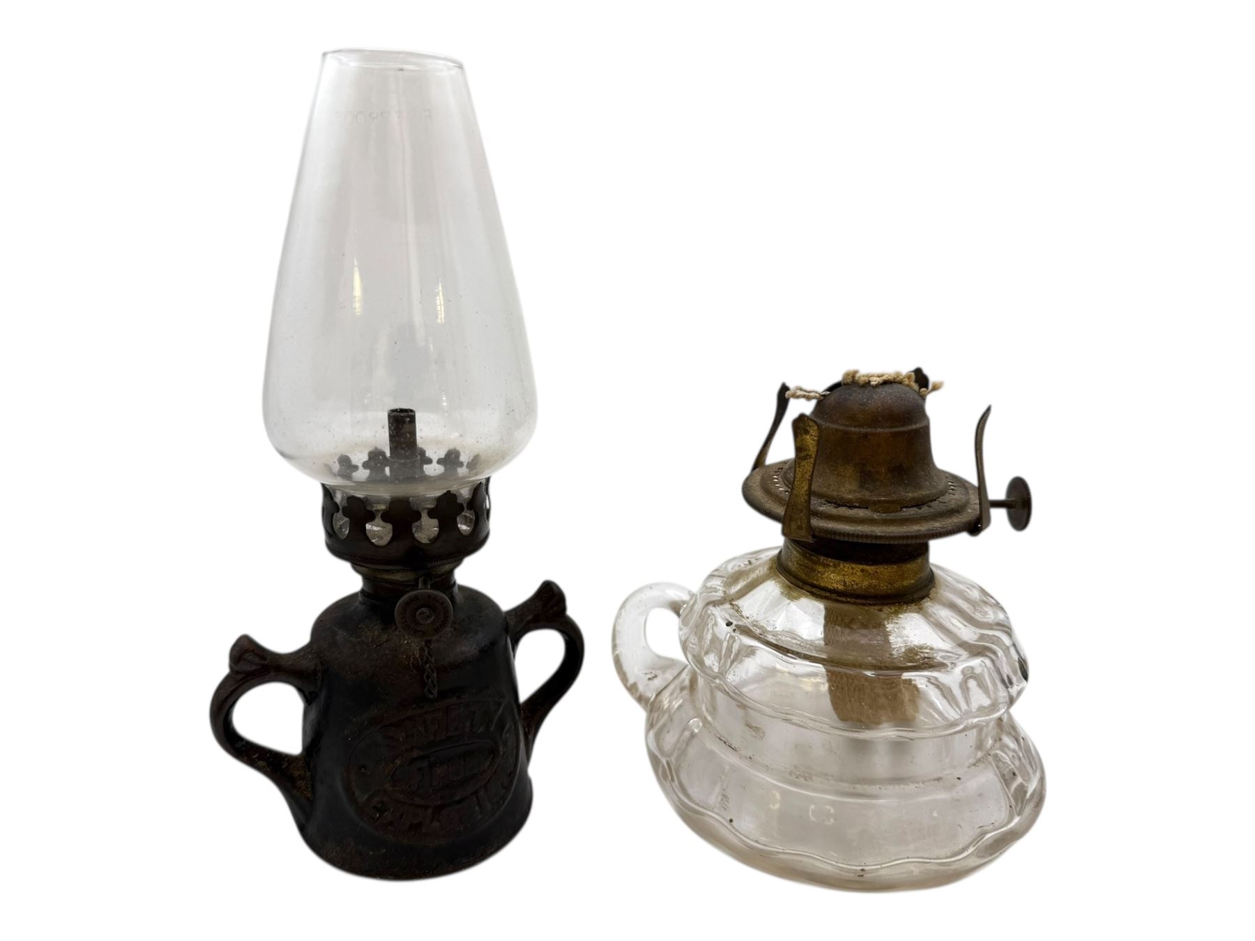 Wells Patent Unbreakable Safety hand held oil lamp, together with a glass hand held oil lamp