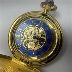 Franklin Mint House of Faberge 'The Imperial Collector Watch', the full hunter pocket watch with blue guilloche enamel and House of Faberge double eagle logo to gilded cover, opening to reveal a skeleton movement and enamel dial, upon a gilded stepped base supported by a pair of griffins, with a gilded watch chain, in original box with certificate of authenticity, including stand H14cm