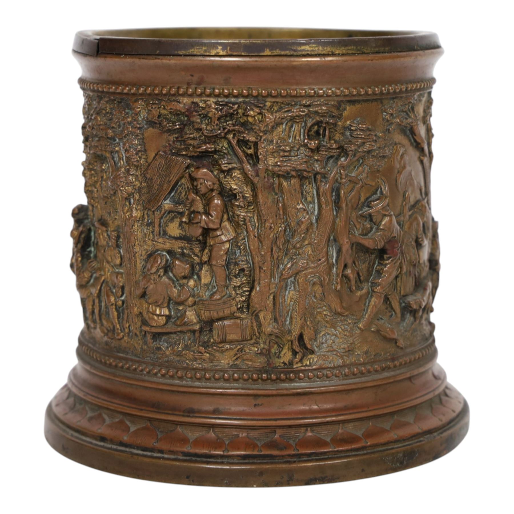 T & E of Paris, gilt bronzed white metal circular jar, decorated with high relief scenes after Tenniers, impressed mark beneath, H11cm