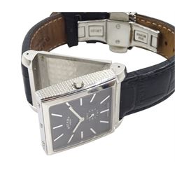 Rotary Revelation reversible night and day gentleman's stainless steel quartz wristwatch, silvered dial with Roman numerals, reversing to a second black dial with baton hour markers, both with subsidiary seconds dials, on original black leather strap, with fold-over clasp, boxed with guarantee dated 2008