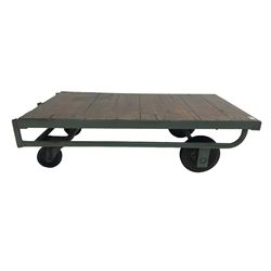 20th century wrought metal and pine railway luggage trolley or coffee table, on castors, by repute from York Station 