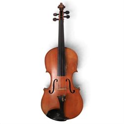 Early 20th century copy of an Antonius Stradivarius violin, with two piece back, ebonised ...