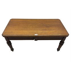 Late 19th century oak library table, moulded rectangular top with canted corners, fitted with two frieze drawers with fluted facias, on lobe carved and fluted turned supports 
