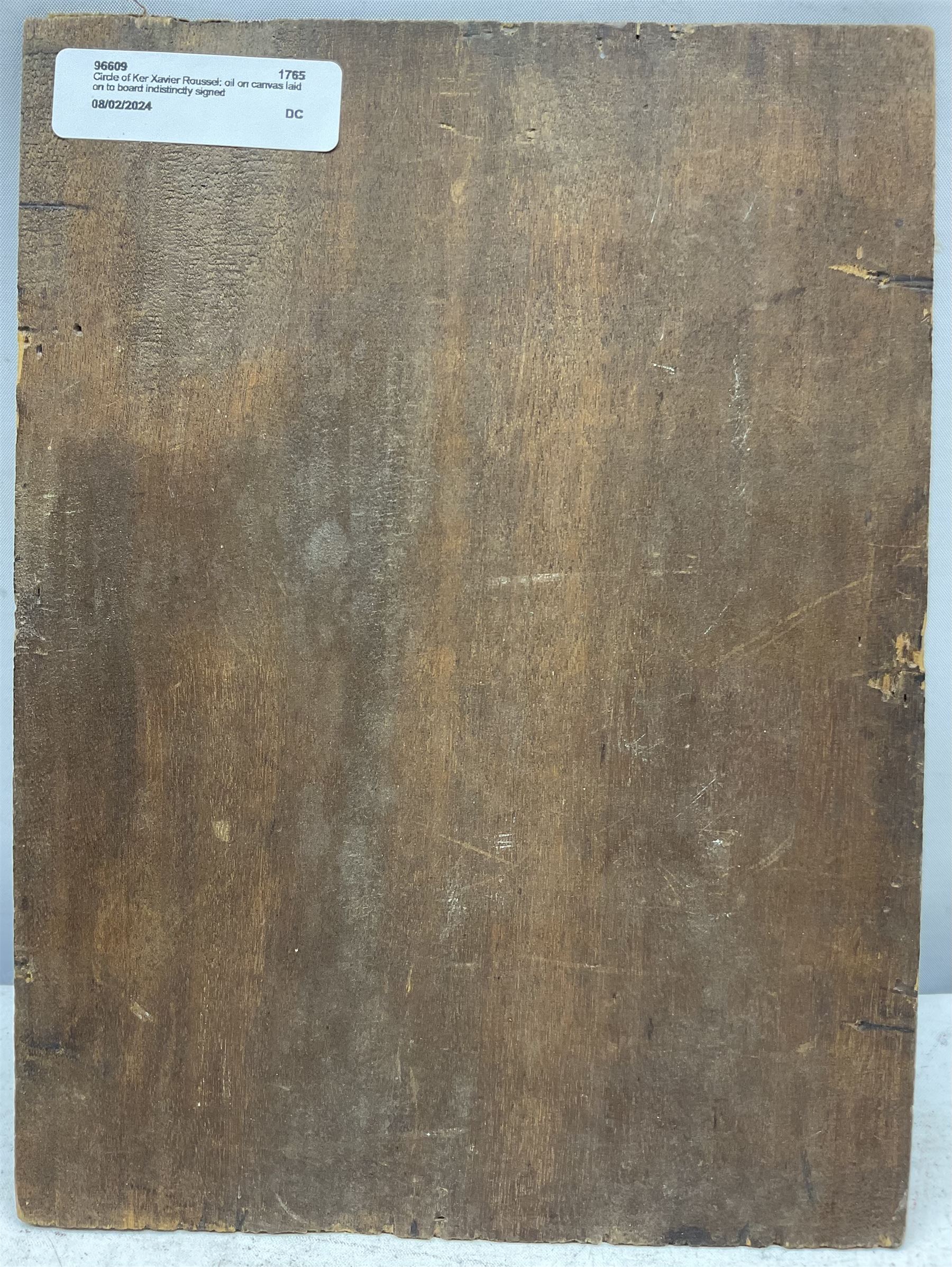 Circle of Ker-Xavier Roussel (French 1867-1944): Fauns in the Forest, oil on canvas laid on to panel indistinctly signed 22cm x 16cm (unframed)