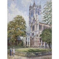 Albert Henry Findley (British 1880-1975): Lincoln Cathedral with Figures, watercolour signed 35cm x 27cm
