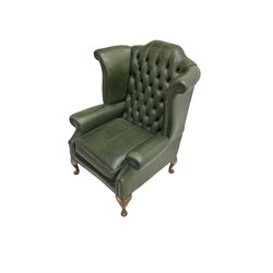 Georgian design wingback armchair, upholstered in buttoned green leather with stud work detail, on cabriole feet