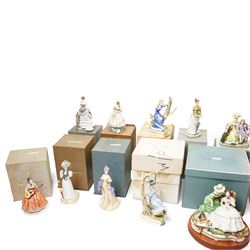 Collection of twenty Royal Worcester 'Victorian Series' figures modelled by Ronald and Ruth Esther Van Ruyckevelt including Tea Party, Picnic, Charlotte and Jane, Alice and others, mostly boxed and with certificates (20)