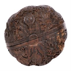 19th century Chinese cared nut/seed box, finely carved to the outside with foliate and animal motifs, L10cm, H8cm 