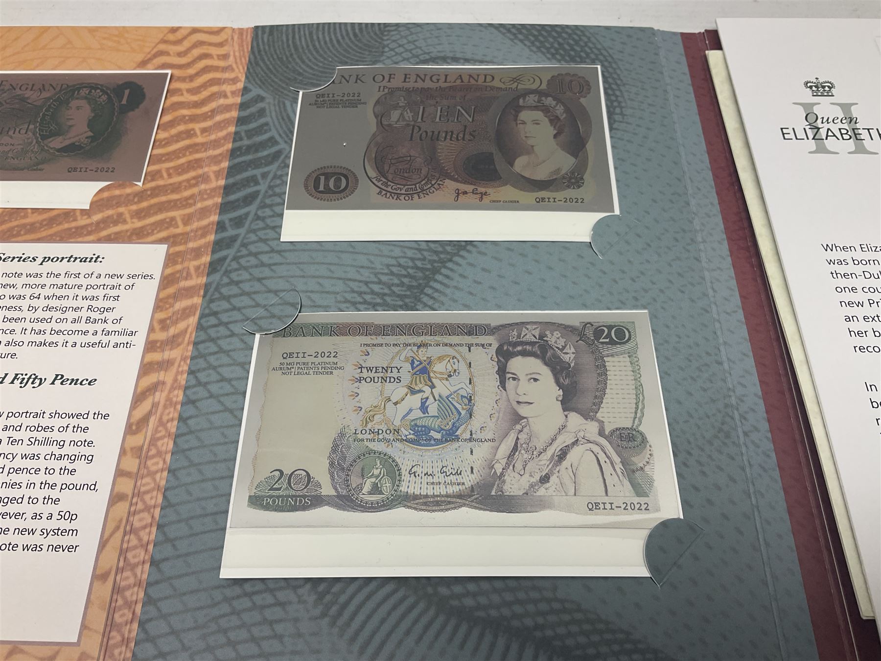 Queen Elizabeth II 'The Platinum Jubilee Banknote Collection' including 2022 'The Unissued Fifty Pence Banknote Gold Coin', housed in official card folder with certificates