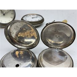Three silver cased open face pocket watches, together with two other watches, horn pendent etc 