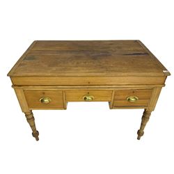 Early 20th century light oak kneehole desk, rectangular hinged top, fitted with frieze drawer flanked by two deep drawers, raised on ring turned supports