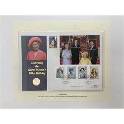Queen Elizabeth II 2001 gold full sovereign coin, housed in 'Celebrating the Queen Mother's 101st Birthday' commemorative cover 