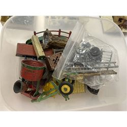 Large quantity of playworn 1950s Britains and other lead figures including farm and zoo animals, horse drawn carts, fencing etc