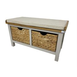 Roseland Farrow - oak and grey finish hallway bench with baskets and squab cushion 