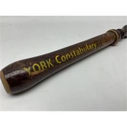 Mid 20th century truncheon, the body decorated with 'ER 1232' and gilded crown over yellow York Constabulary lettering, L45cm