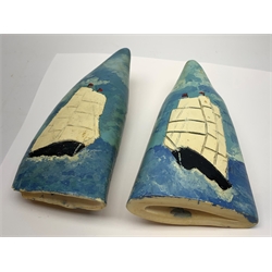 Pair of sperm whale teeth, relief decorated and painted with three-masted whaling ships H14.5cm (2)