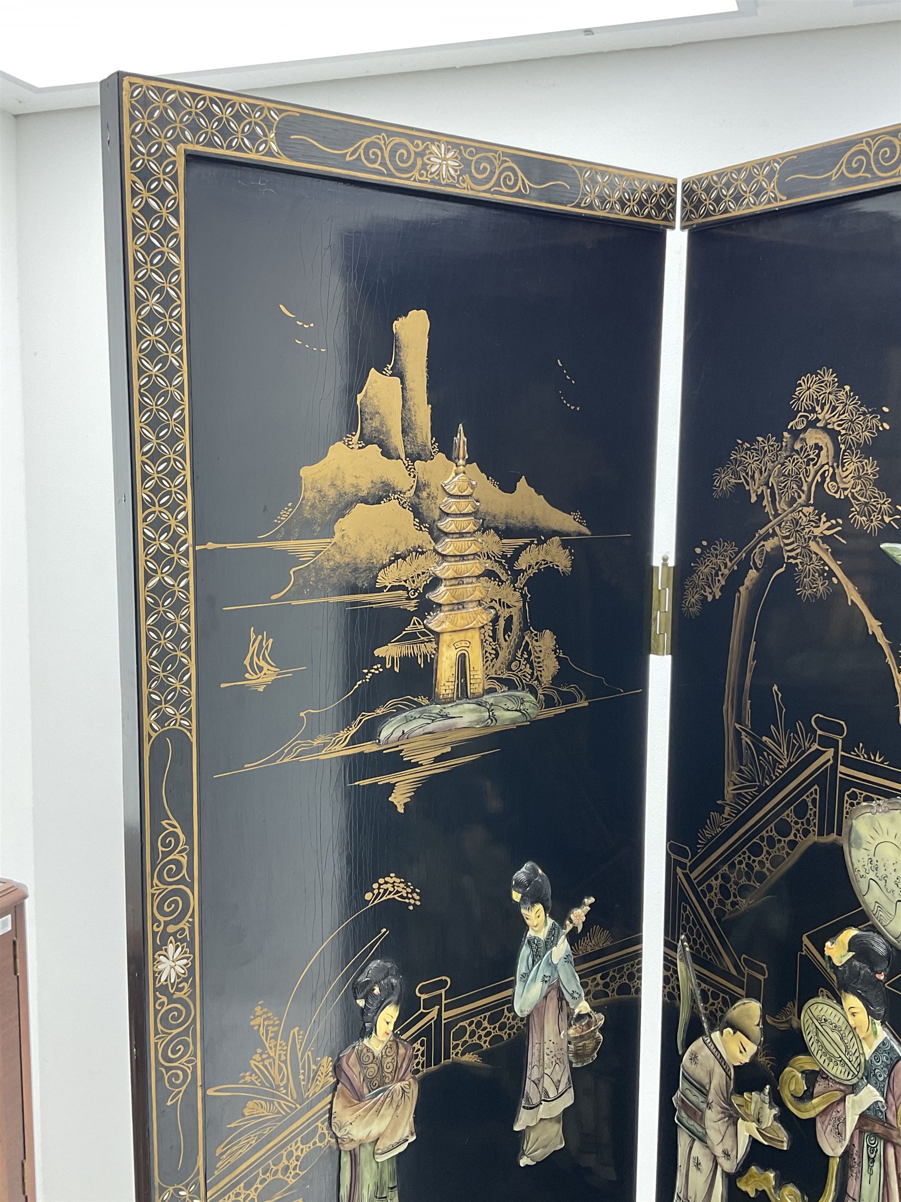 Japanese black lacquered four panel screen, with shibayama type decoration 
