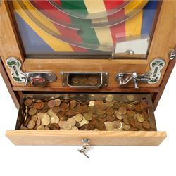 Bryans Elevenses penny slot arcade machine with wooden case and chrome fittings, working, H64cm W45cm