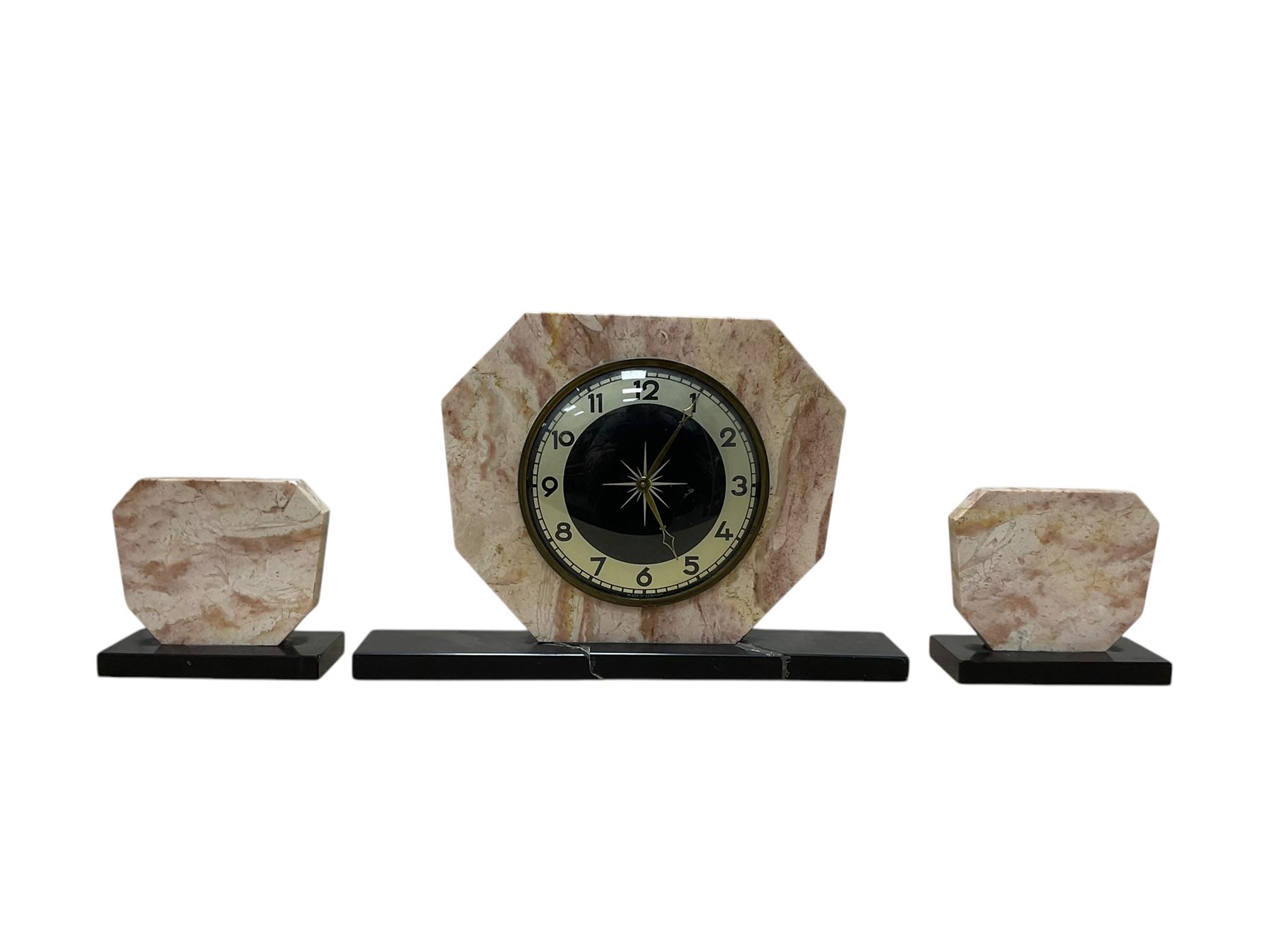 8-day Art Deco style German mantle clock and garniture, and two further 8-day mantle clocks