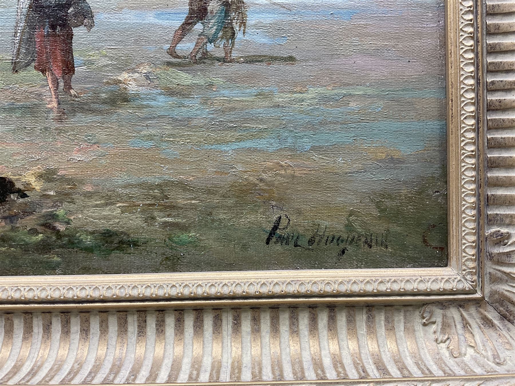 Paul Huguenin Virchaux (Swiss 1870-1919): Fishergirls on the Shore, pair oils on canvas signed 34cm x 64cm (2)