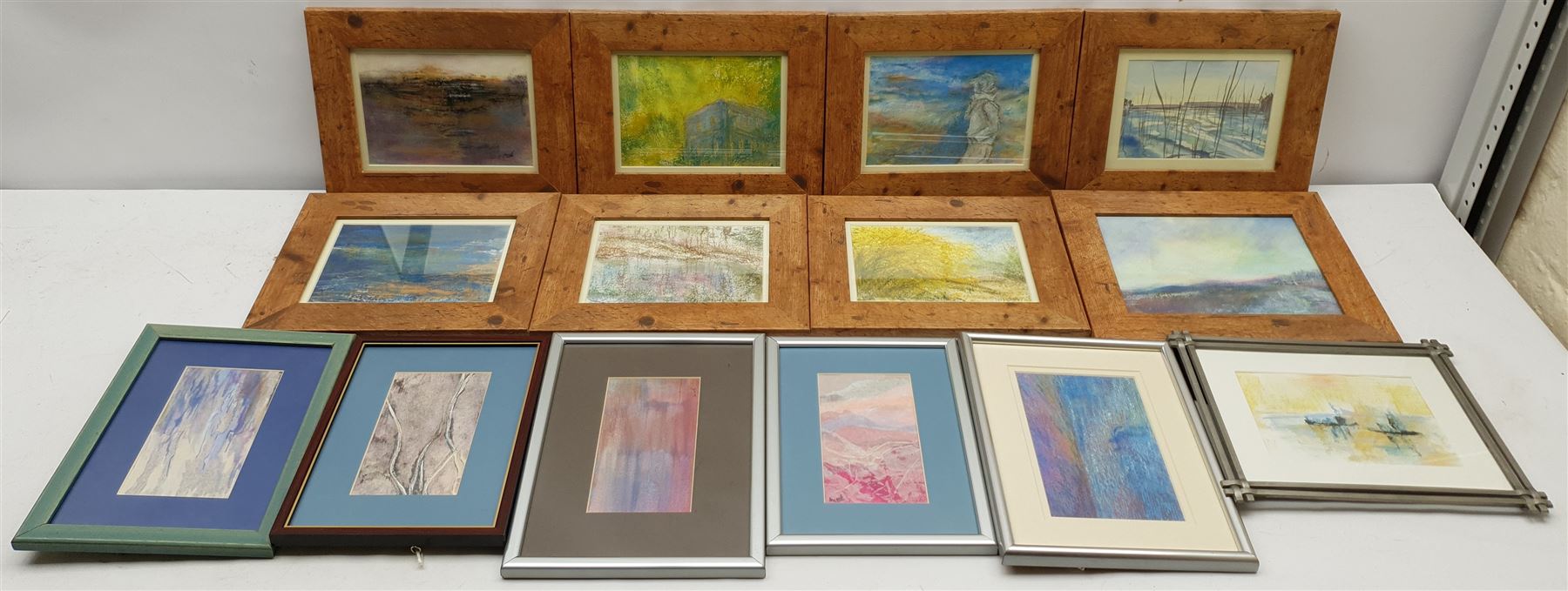 Madeleine Eyland (Belgian/British 1930-2021): Large quantity of small framed abstract pastels, watercolours and mixed media, approx 33 
Provenance: artist's studio collection. Marie-Madeleine Eyland (neé Legrain) was born in 1930 at Floriffoux, Belgium; she lived most of her life in Scarborough working as a nurse and an artist.