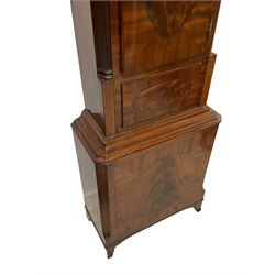 John Morgan of Aberystwyth - fine George IV mahogany 8-day longcase clock c1820, with a raised swan necked pediment, ball and eagle finial and deep inlaid frieze beneath, square hood door with a glazed circular wooden bezel and canted corners, long trunk with reeded quarter columns and a wavy topped door, rectangular plinth on bracket feet, circular painted dial with Roman numerals, minute track, makers name, and brass stamped hands, rack striking four pillar movement with a recoil anchor escapement, striking the hours on a bell. With weights and pendulum. 
John Morgan is recorded as working in Aberystwyth 1816-35. 