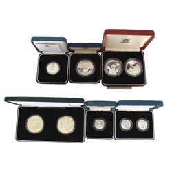 Six Queen Elizabeth II The Royal Mint silver coins or sets, comprising Falkland Islands 1983 '150th Anniversary' fifty pence, Belize 1992 '50th Anniversary Battle of El Alamein 1942-1992' five dollars two coin set, Guernsey 1995 'Queen Elizabeth The Queen Mother 95th Birthday' one pound, Barbados 1997 'Golden Wedding Anniversary' one dollar, Alderney and Guernsey 2001 'Celebrating The Queen's Seventy-Fifth Birthday' one pound two coin set and Alderney and Guernsey 'Celebrating The Queen's Seventy-Fifth Birthday' five pounds two coin set, all cased with certificates