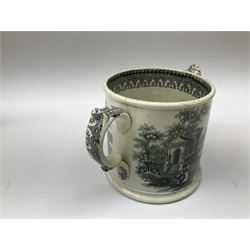 Collection of 19th century ceramics, to include jug of baluster form, with transfer printed decoration, 'independent order of odd fellows' and gilt detail, two handled loving cup depicting Robert Burns inside and on the base, with printed river scenes, cottage pastel burner, Blue and white teapot with a matching stand etc. 